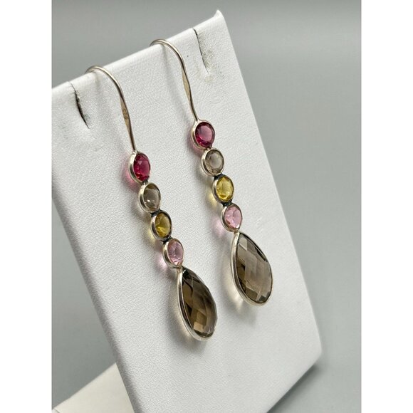 Sterling Silver Dangles Earrings Colorful Open Back Bezel Set Pastel Gemstones - Picture 4 of 7